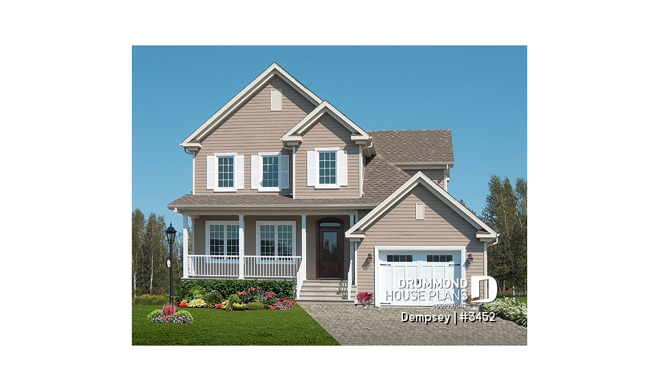front - BASE MODEL - 3 bedrooms, 2 storey house plan with garage, master suite and laundry room on 2nd floor, den - Dempsey
