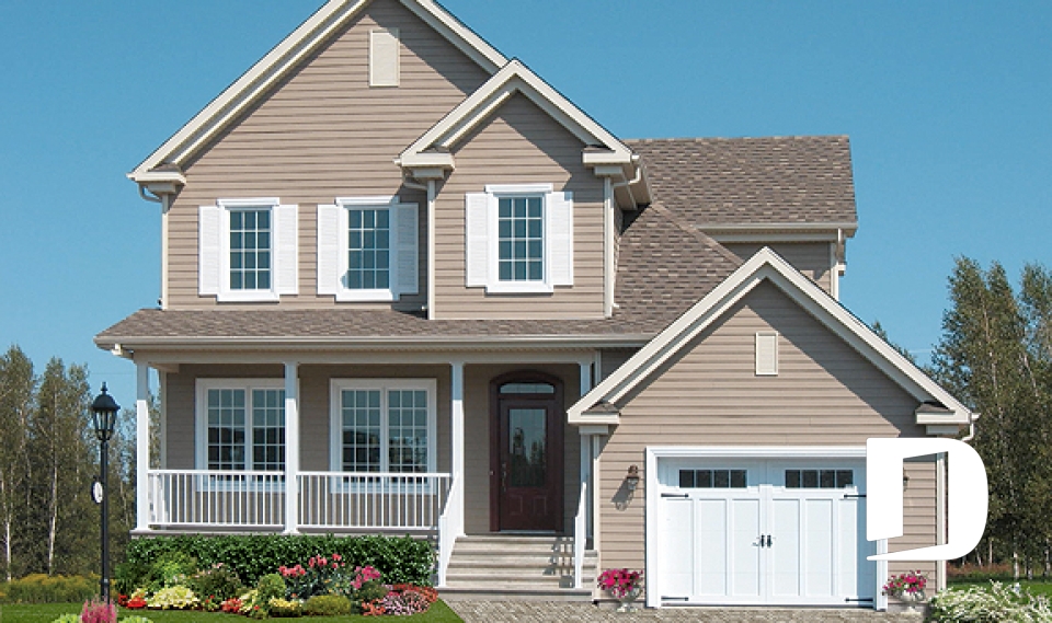 front - BASE MODEL - 3 bedrooms, 2 storey house plan with garage, master suite and laundry room on 2nd floor, den - Dempsey