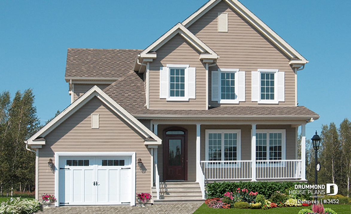 front - BASE MODEL - 3 bedrooms, 2 storey house plan with garage, master suite and laundry room on 2nd floor, den - Dempsey