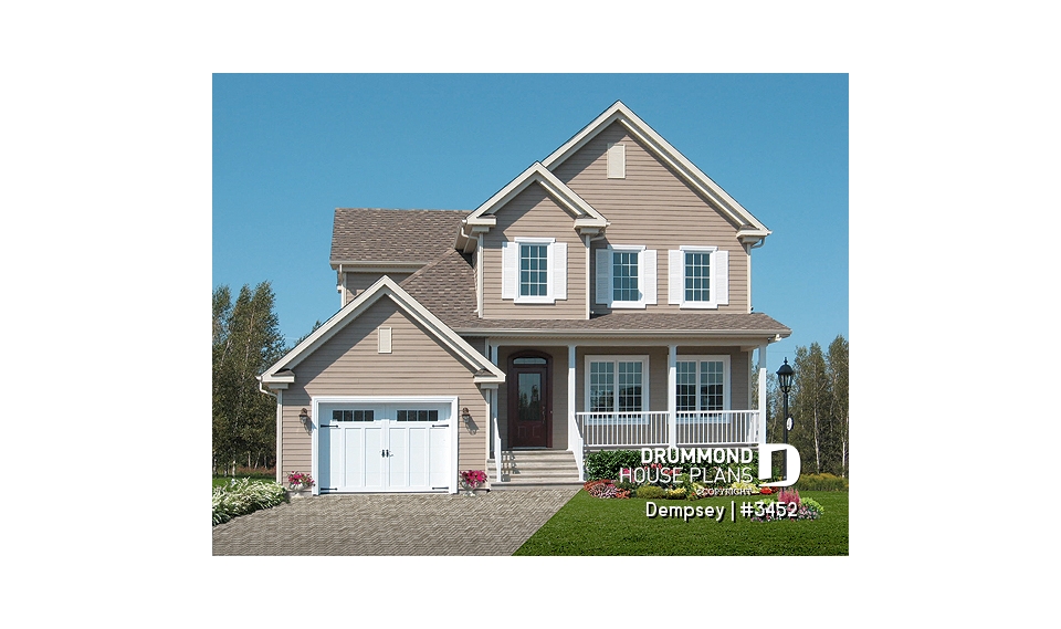 front - BASE MODEL - 3 bedrooms, 2 storey house plan with garage, master suite and laundry room on 2nd floor, den - Dempsey