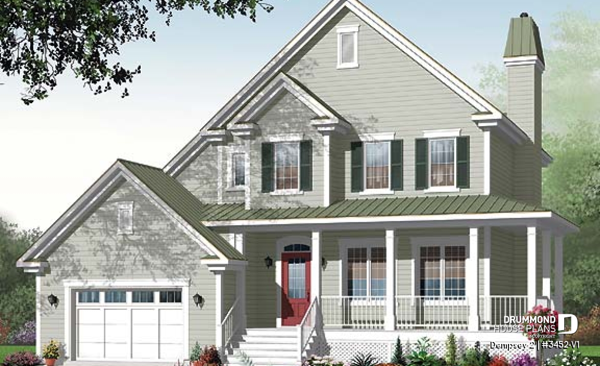 front - BASE MODEL - 3 to 4 bedroom American Country house plan with bonus space, garage and home office - Dempsey 2
