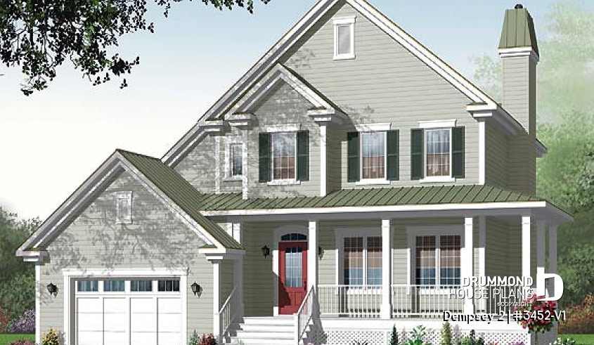 front - BASE MODEL - 3 to 4 bedroom American Country house plan with bonus space, garage and home office - Dempsey 2