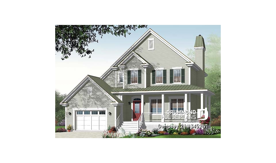 front - BASE MODEL - 3 to 4 bedroom American Country house plan with bonus space, garage and home office - Dempsey 2