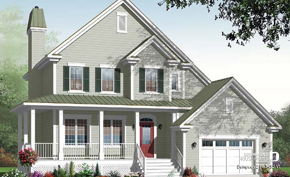front - BASE MODEL - 3 to 4 bedroom American Country house plan with bonus space, garage and home office - Dempsey 2