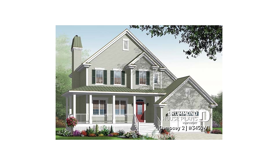 front - BASE MODEL - 3 to 4 bedroom American Country house plan with bonus space, garage and home office - Dempsey 2