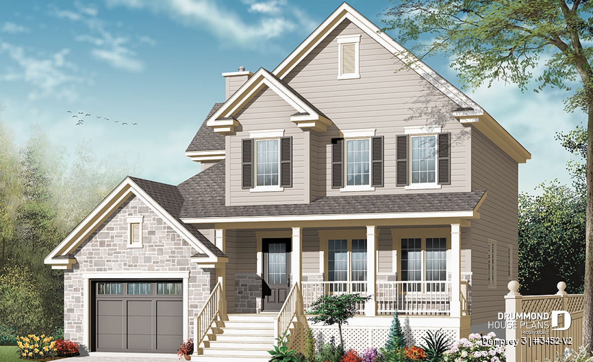 front - BASE MODEL - 2 storey Country house plan with large front porch, open floor plan concept, home office, launtry room - Dempsey 3