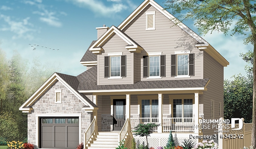 front - BASE MODEL - 2 storey Country house plan with large front porch, open floor plan concept, home office, launtry room - Dempsey 3