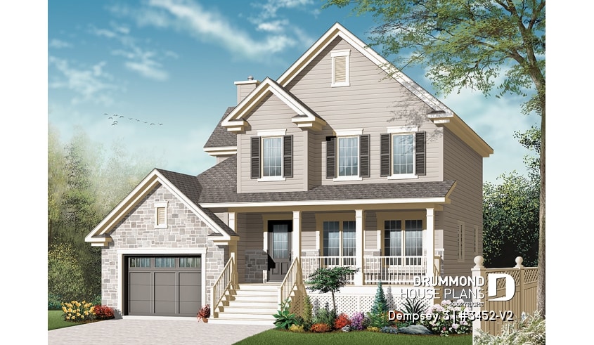 front - BASE MODEL - 2 storey Country house plan with large front porch, open floor plan concept, home office, launtry room - Dempsey 3