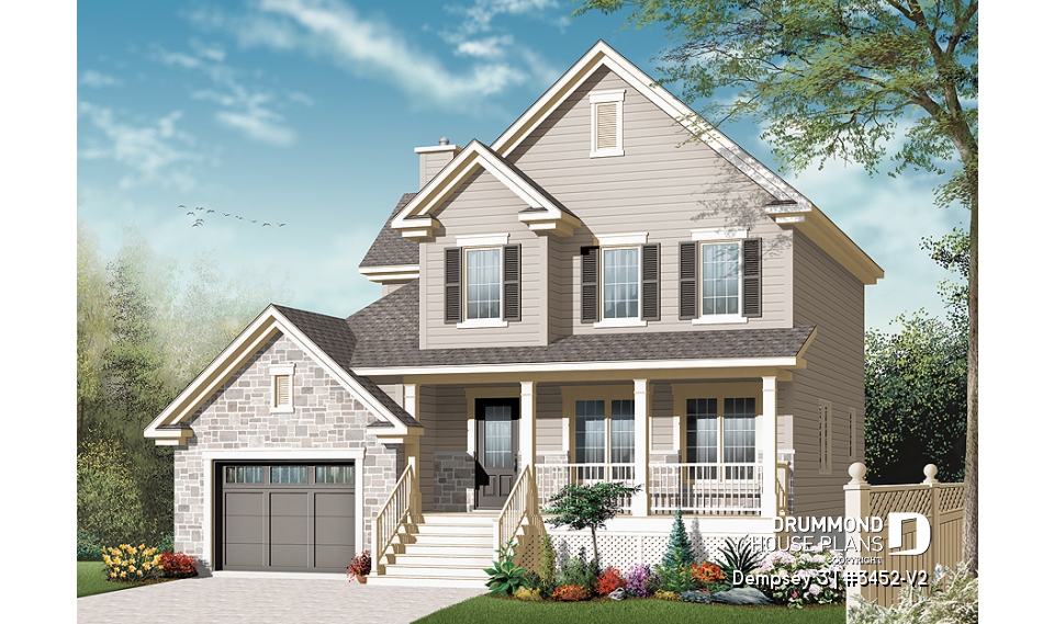 front - BASE MODEL - 2 storey Country house plan with large front porch, open floor plan concept, home office, launtry room - Dempsey 3