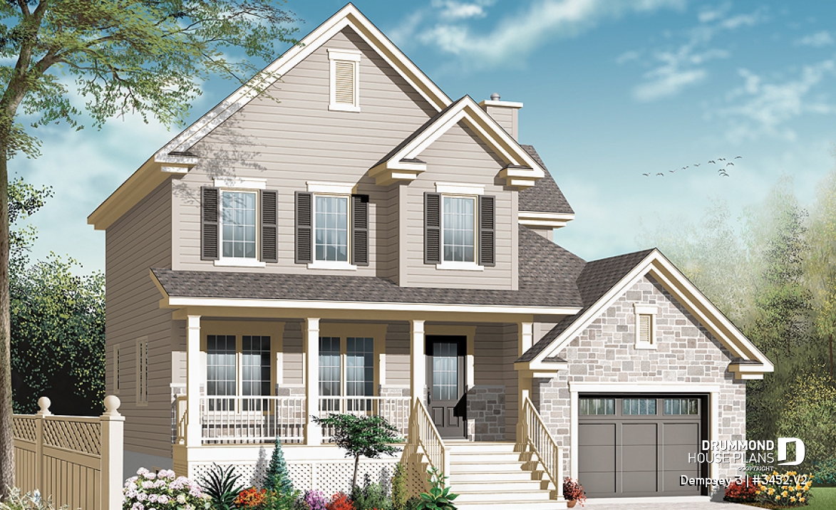 front - BASE MODEL - 2 storey Country house plan with large front porch, open floor plan concept, home office, launtry room - Dempsey 3