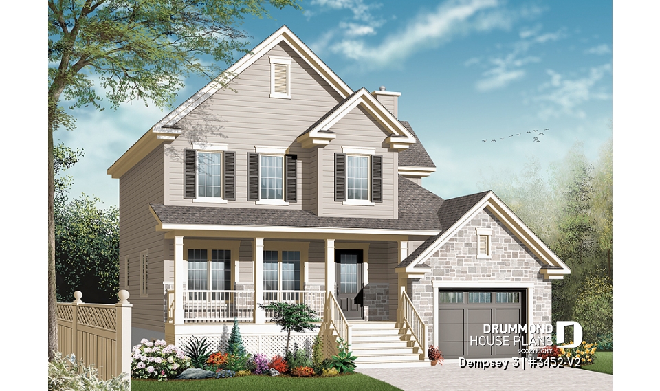 front - BASE MODEL - 2 storey Country house plan with large front porch, open floor plan concept, home office, launtry room - Dempsey 3