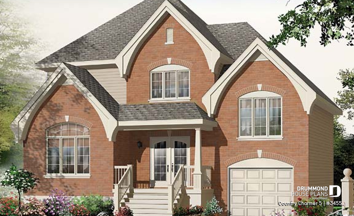 front - BASE MODEL - Manor style 3 bedroom house plan, large foyer, garage with large bonus room above - Country Charmer 5