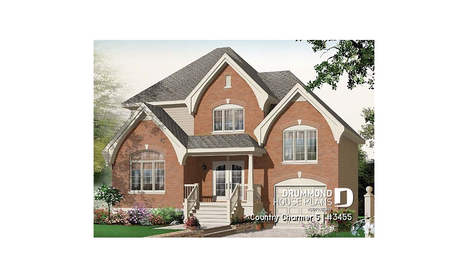 front - BASE MODEL - Manor style 3 bedroom house plan, large foyer, garage with large bonus room above - Country Charmer 5