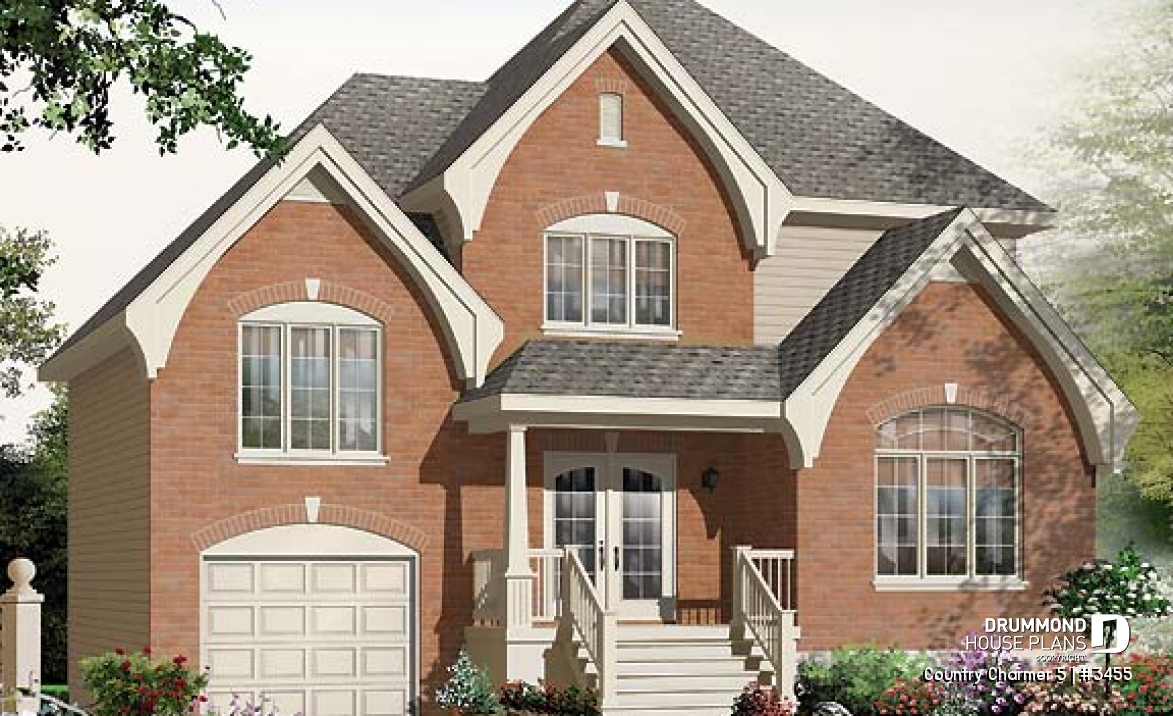 front - BASE MODEL - Manor style 3 bedroom house plan, large foyer, garage with large bonus room above - Country Charmer 5