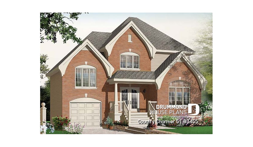 front - BASE MODEL - Manor style 3 bedroom house plan, large foyer, garage with large bonus room above - Country Charmer 5