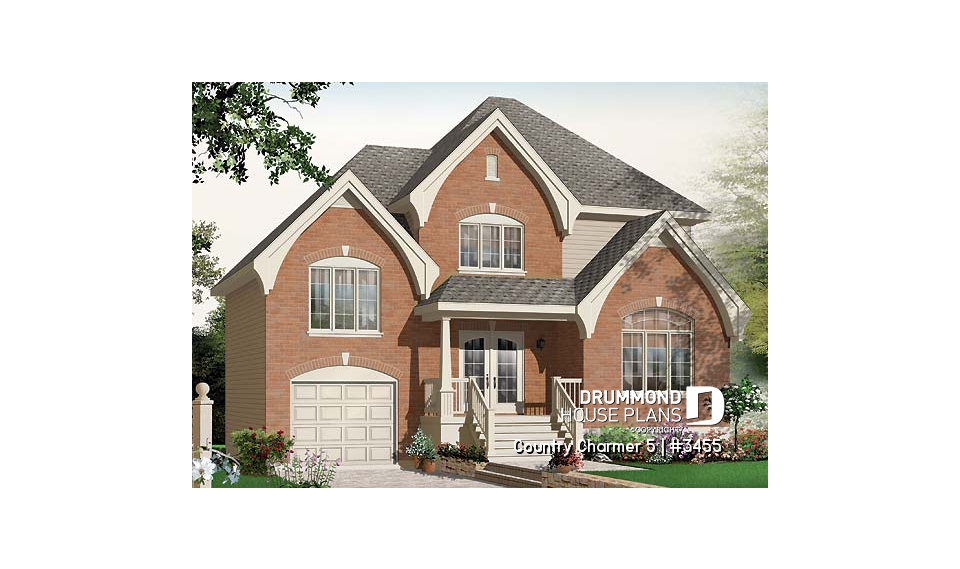 front - BASE MODEL - Manor style 3 bedroom house plan, large foyer, garage with large bonus room above - Country Charmer 5