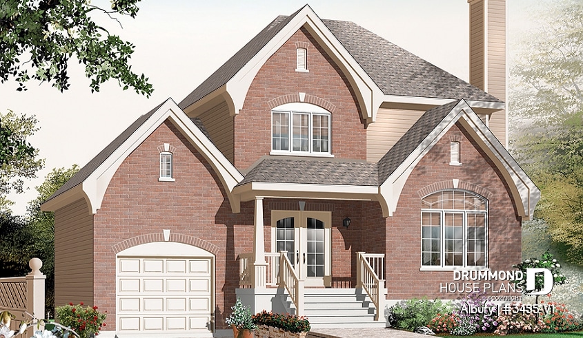 front - BASE MODEL - European country style house plan, 3 bedrooms, fireplace, laundry on main floor - Albury
