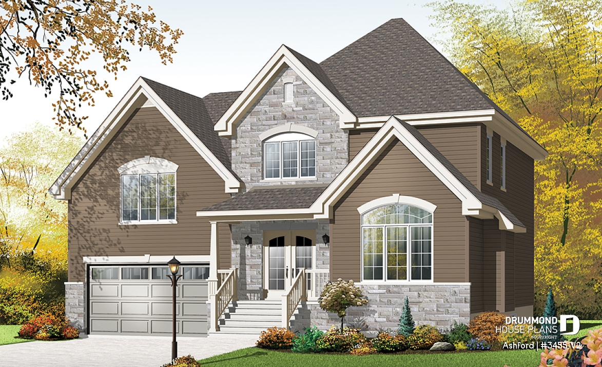 front - BASE MODEL - Budget friendly mountain style house plan, 3 bedrooms, unfinished daylight basement, laundry on main floor - Ashford