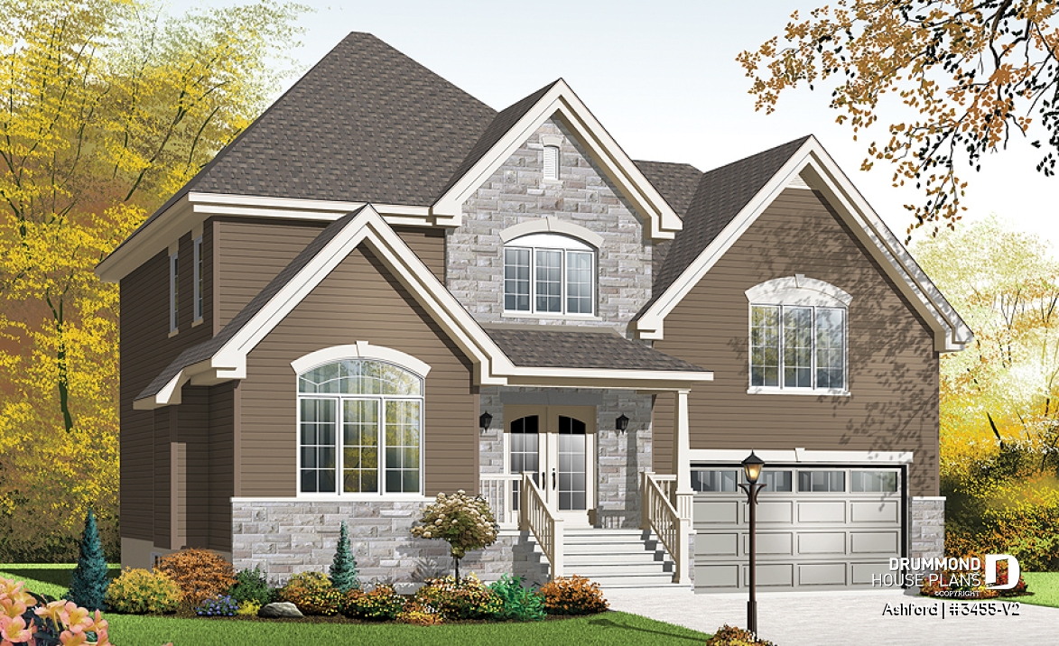 front - BASE MODEL - Budget friendly mountain style house plan, 3 bedrooms, unfinished daylight basement, laundry on main floor - Ashford