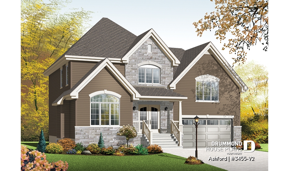front - BASE MODEL - Budget friendly mountain style house plan, 3 bedrooms, unfinished daylight basement, laundry on main floor - Ashford