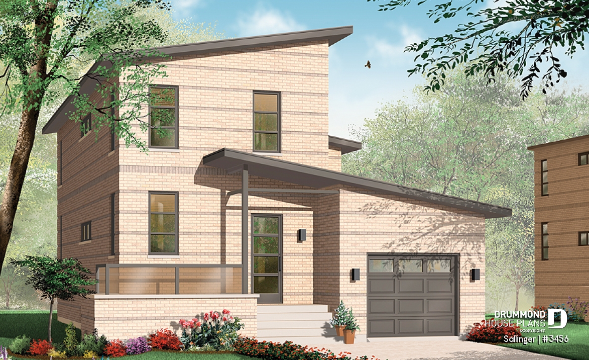 front - BASE MODEL - Striking 2 bedroom contemporary house plan with garage, large family room with fireplace - Sallinger