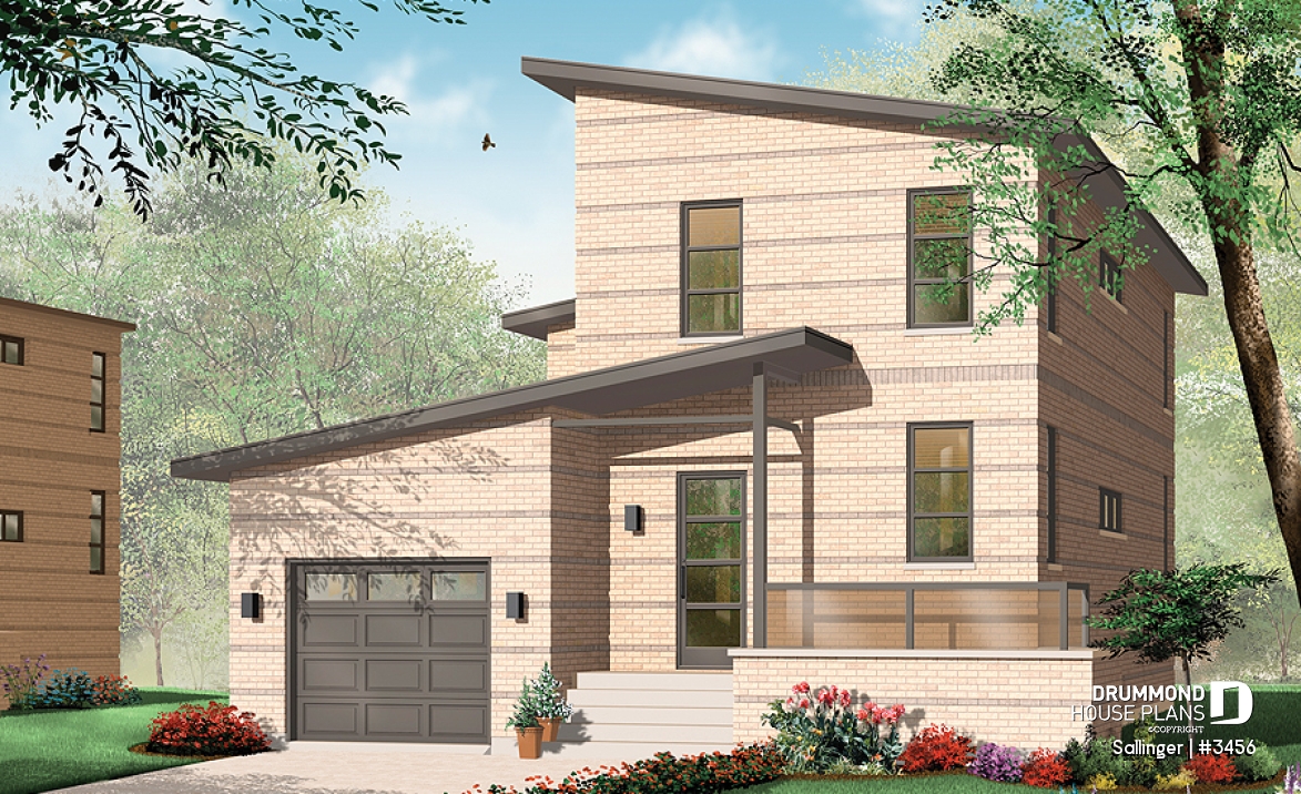 front - BASE MODEL - Striking 2 bedroom contemporary house plan with garage, large family room with fireplace - Sallinger