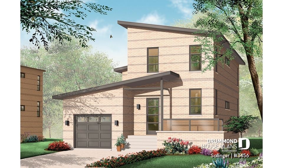 front - BASE MODEL - Striking 2 bedroom contemporary house plan with garage, large family room with fireplace - Sallinger
