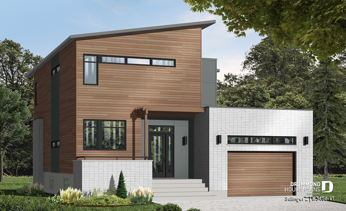 front - BASE MODEL - Striking 3 bedroom contemporary house plan with home office, open floor plan with fireplace and garage - Sallinger 2