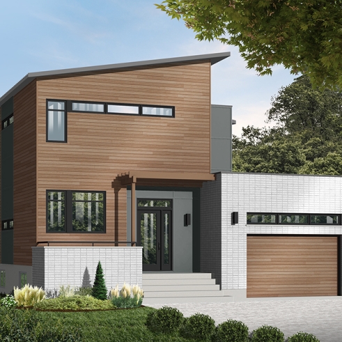 front - BASE MODEL - Striking 3 bedroom contemporary house plan with home office, open floor plan with fireplace and garage - Sallinger 2