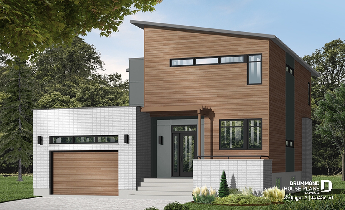 front - BASE MODEL - Striking 3 bedroom contemporary house plan with home office, open floor plan with fireplace and garage - Sallinger 2