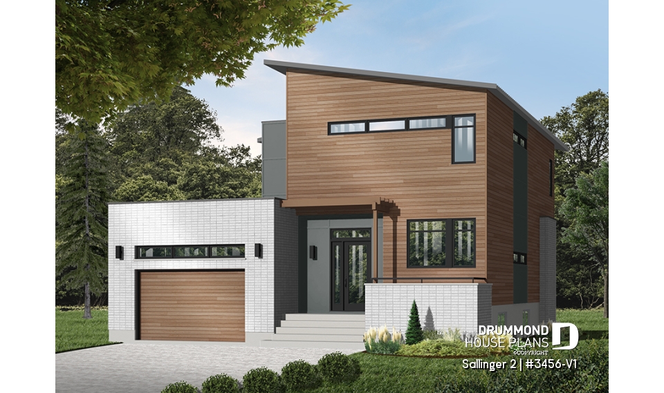 front - BASE MODEL - Striking 3 bedroom contemporary house plan with home office, open floor plan with fireplace and garage - Sallinger 2