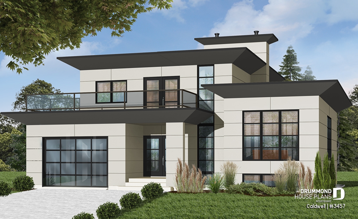 front - BASE MODEL - Cube-shaped house plan, 4bedrooms 3 bathrooms, open floor plan, kitchen island, home office, media room - Caldwell