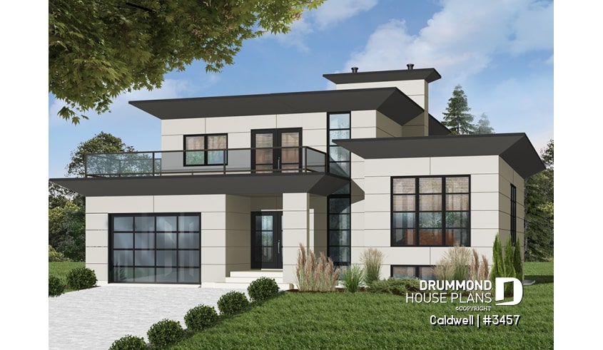 front - BASE MODEL - Cube-shaped house plan, 4bedrooms 3 bathrooms, open floor plan, kitchen island, home office, media room - Caldwell