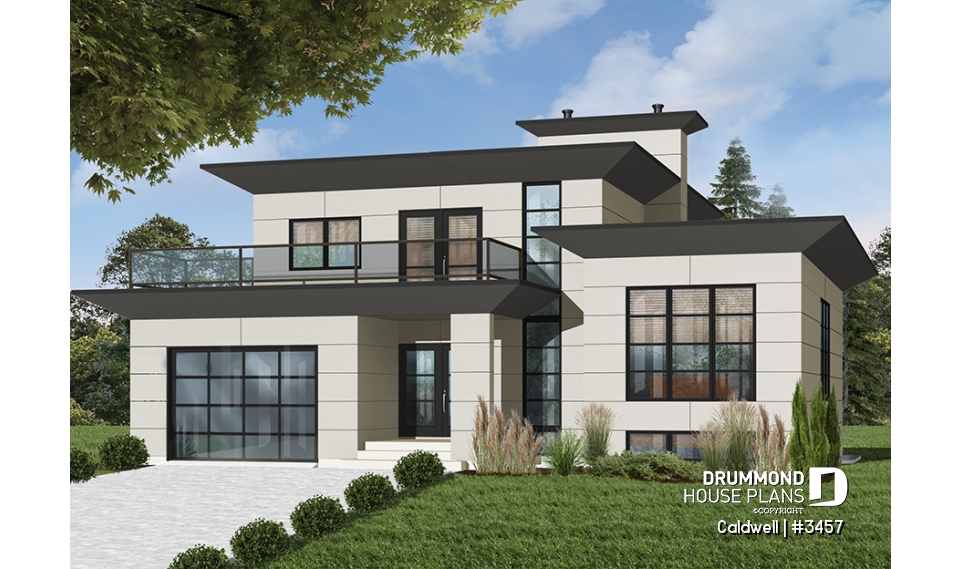 front - BASE MODEL - Cube-shaped house plan, 4bedrooms 3 bathrooms, open floor plan, kitchen island, home office, media room - Caldwell