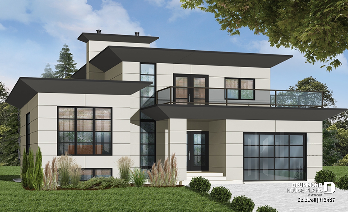 front - BASE MODEL - Cube-shaped house plan, 4bedrooms 3 bathrooms, open floor plan, kitchen island, home office, media room - Caldwell