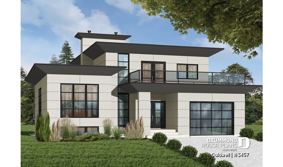 front - BASE MODEL - Cube-shaped house plan, 4bedrooms 3 bathrooms, open floor plan, kitchen island, home office, media room - Caldwell