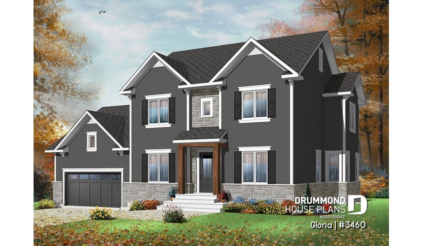 Color version 5 - Front - Transitional style large family home design, 4 bedrooms, 2 living rooms, home office and a large garage - Gloria