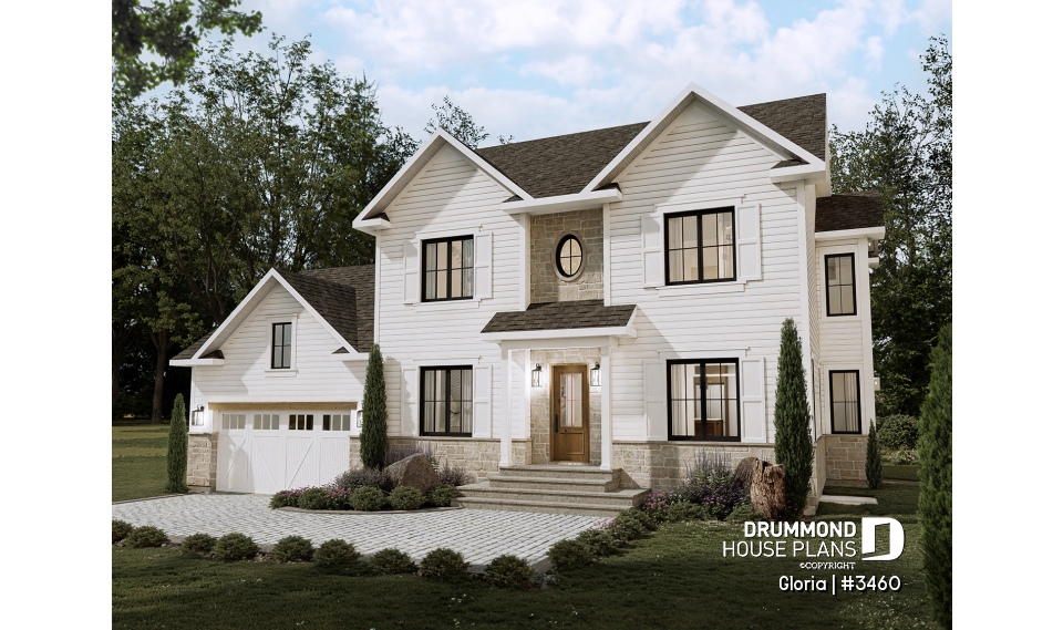 front - BASE MODEL - Spacious house plan, 4+ bedrooms, large garage, office, master suite, optional finished basement ($) - Gloria