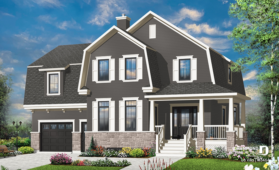 front - BASE MODEL - Barn style house plan, 5 bedrooms, master suite, fireplace, garage, kitchen with pantry and island - La Villa