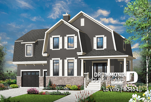 front - BASE MODEL - Barn style house plan, 5 bedrooms, master suite, fireplace, garage, kitchen with pantry and island - La Villa