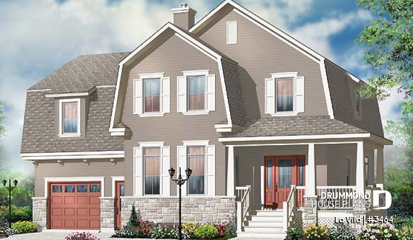 front - BASE MODEL - Barn style house plan, 5  bedrooms, master suite, fireplace, garage, kithcen with pantry and island - La Villa