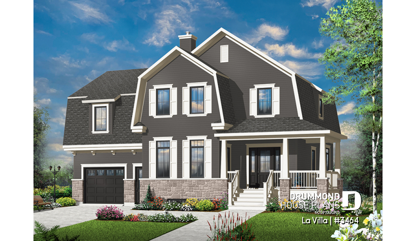 front - BASE MODEL - Barn style house plan, 5 bedrooms, master suite, fireplace, garage, kitchen with pantry and island - La Villa