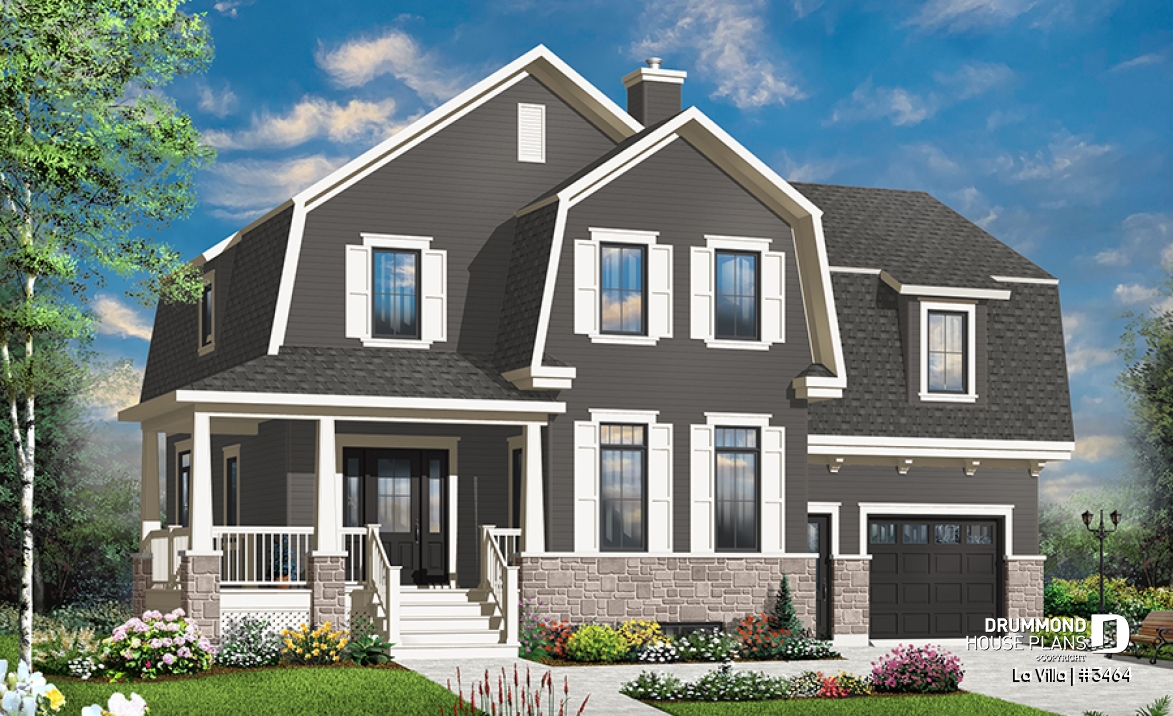 front - BASE MODEL - Barn style house plan, 5 bedrooms, master suite, fireplace, garage, kitchen with pantry and island - La Villa