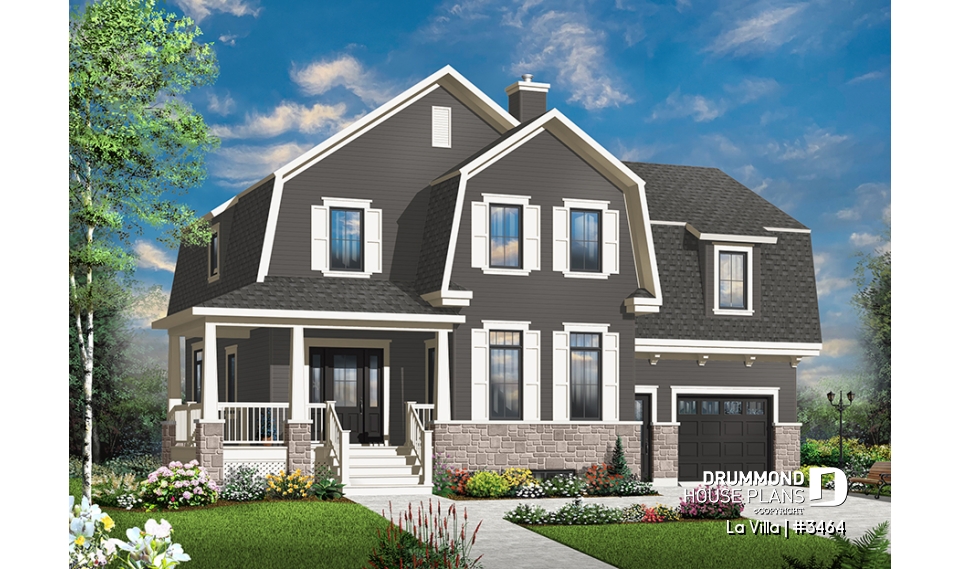 front - BASE MODEL - Barn style house plan, 5 bedrooms, master suite, fireplace, garage, kitchen with pantry and island - La Villa