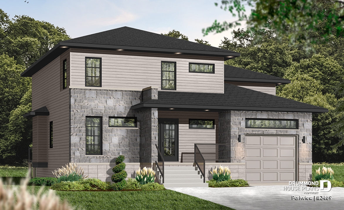 Color version 1 - Front - Modern house plan with garage, 3 to 4 bedrooms, 2 family rooms, den, fireplace, open floor plan - Parkview