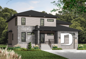 Color version 1 - Front - 3 to 4 Modern house plan with garage, 2 family rooms, home office, fireplace, open floor plan - Parkview