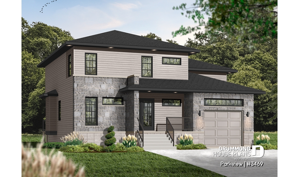 Color version 1 - Front - Modern house plan with garage, 3 to 4 bedrooms, 2 family rooms, den, fireplace, open floor plan - Parkview