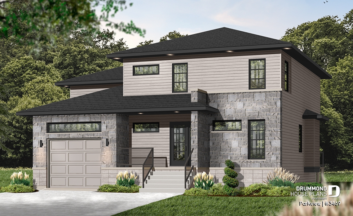 Color version 1 - Front - Modern house plan with garage, 3 to 4 bedrooms, 2 family rooms, den, fireplace, open floor plan - Parkview