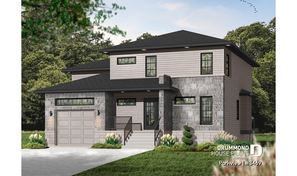 Color version 1 - Front - Modern house plan with garage, 3 to 4 bedrooms, 2 family rooms, den, fireplace, open floor plan - Parkview