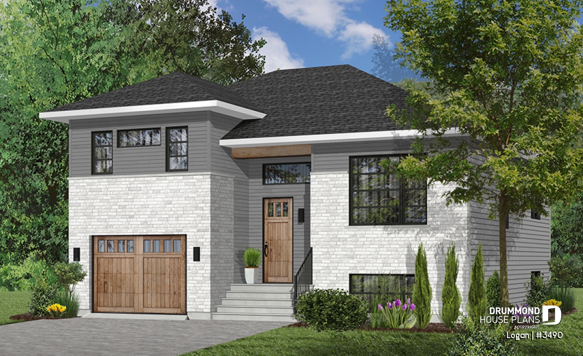 Color version 1 - Front - Contemporary 3 bedroom Split-level house plan, kitchen with large kitchen island and a garage - Logan